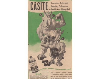 1945 Publicité imprimée Traitement de moteur Casite Illustration de puissances en chevaux Voitures Camions Tracteur