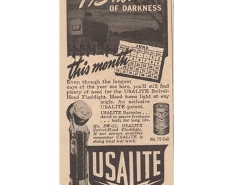 Lampe de poche USALITE Seconde Guerre mondiale, plus de 175 heures d'obscurité, publicité imprimée vintage 1945
