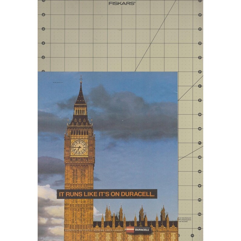 Anuncio impreso vintage de Duracell de 1992, Big Ben, Londres, Inglaterra. Publicidad de baterías. imagen 3