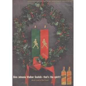 1961 Johnnie Walker Vintage Print Ad Scotch Whisky Christmas Black Red Label image 1