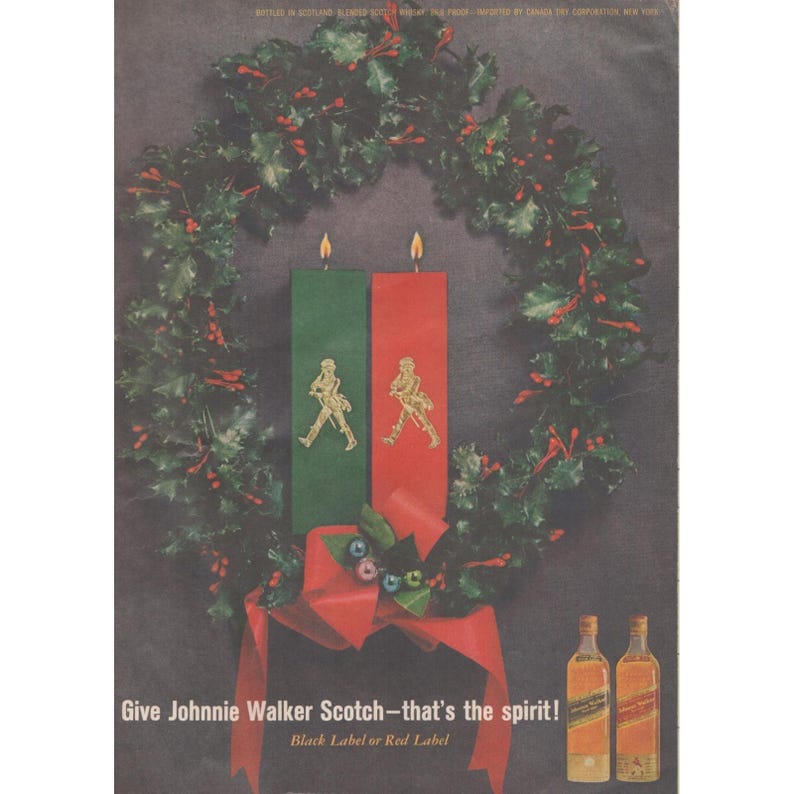 1961 Johnnie Walker Vintage Print Ad Scotch Whisky Christmas Black Red Label image 1