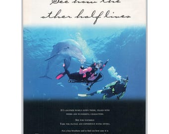 Scuba Diving Magazine Advertisement Dolphin and Divers Underwater Print Ad 1998