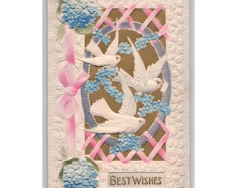 Embossed Doves & Forget-Me-Nots Vintage German Postcard, 1900s