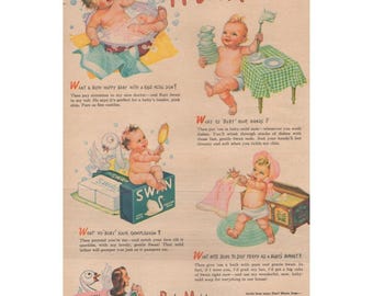 1945 Print Ad Swan Soap Baby Mild Baking Art WWII Home Care Illustration