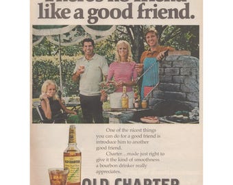 Publicité imprimée vintage 1971 Old Charter Bourbon Kentucky Whisky Barbecue Friends MCM