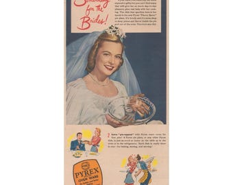 1945 Publicité imprimée pour four en Pyrex, Mariée, Mariage, Cuisine, Verrerie, Cadeau Corning Glass