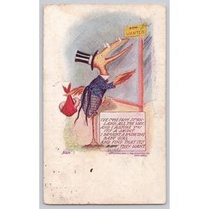 May include: Vintage postcard featuring a cartoon stork in a top hat and suit, carrying a baby in a red bundle. The stork is standing near a sign that says "Boy Wanted". Text on the card reads "I've come from Stork-Land..."