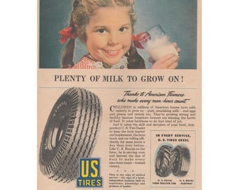 1945 Publicité imprimée pour pneus États-Unis Tracteur en caoutchouc de la Seconde Guerre mondiale Fille de ferme laitière