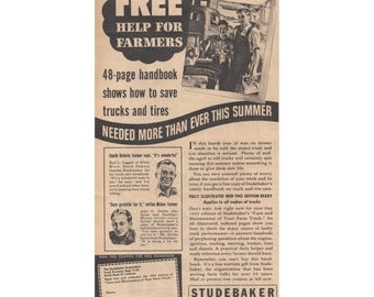 Manuel d'entretien des camions de ferme Studebaker, publicité imprimée pour camions de ferme, obligations de guerre de la Seconde Guerre mondiale, 1945