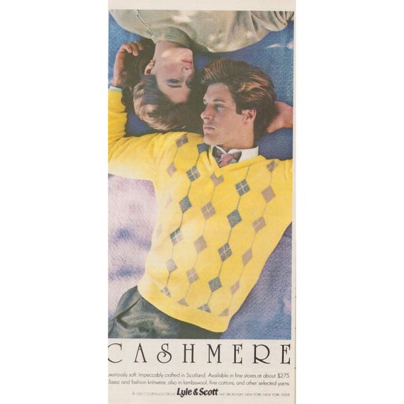 Lyle & Scott, 1982 Lyle Scott Cashmere Sweater Vintage Fashion Print Ad 80s Preppy Fashion