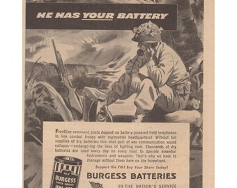 Publicité imprimée sur l'effort de guerre pour les communications téléphoniques de la Seconde Guerre mondiale, les batteries Burgess, 1945