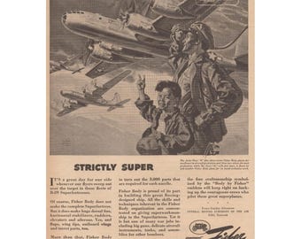 Publicité imprimée de l'effort de guerre pour la production d'avions Fisher Body B-29 Superfortress de la Seconde Guerre mondiale, 1945
