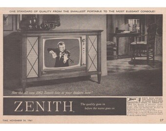 Anuncio impreso de Zenith Television de 1961. Consola de televisión de estilo moderno de mediados de siglo.