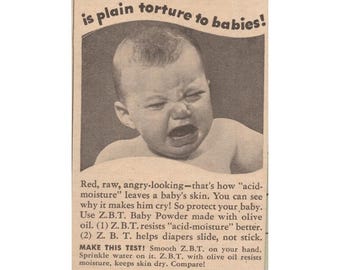 Annonce imprimée vintage de publicité médicale de bébés d'humidité acide de poudre de bébé de ZBT 1945