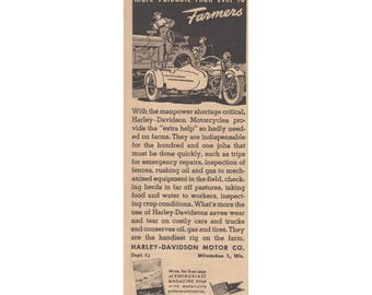 Annonce imprimée vintage de pénurie de main-d'oeuvre de motocyclette de ferme de Harley Davidson WWII 1945
