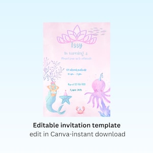 Mermaid Birthday Invitation for Girls | Editable Canva Template | Under the Sea Party | Digital Download