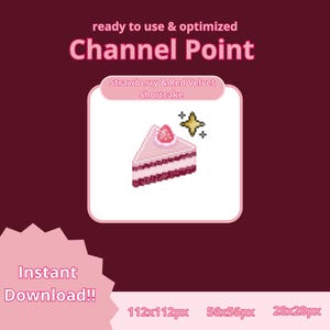Pode incluir: Uma imagem pixelizada de uma fatia de bolo de morango e veludo vermelho, com um morango no topo, em um fundo branco. O texto "Channel Point" e "Instant Download!!" também estão presentes.