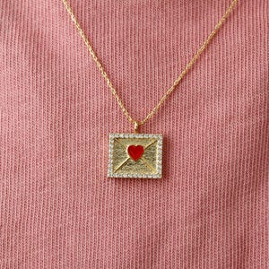 Red Heart Envelope Charm Necklace, Tiny Gold Dipped, Valentine Jewelry, Women's Pendant for Birthdays, Gifts and Occasions
