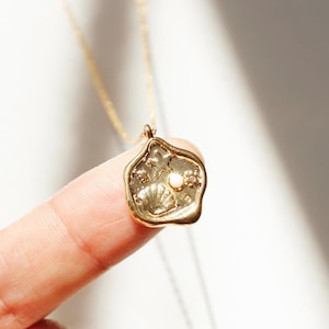 Stamped Sea Treasure Charm Necklace, Dainty Coastal Pendant, Tiny Opal Touch, Gold Dipped, Unique Jewelry, Women's Birthdays, Gift