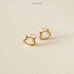 Tiny Cat Face Outline Earrings, Kitty Jewelry, Dainty Kitten, Gold Dipped Women's Studs, Cat Mom, Her Gift