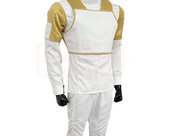 Traje de vuelo blanco y dorado hecho a mano para cosplay – Traje de piloto de ciencia ficción personalizado