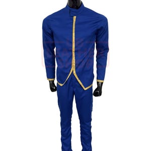 May include: A two-piece blue outfit with gold trim. The long-sleeved shirt has a mandarin collar and gold accents down the front and around the cuffs. The matching pants complete the set. The outfit is displayed on a black mannequin.