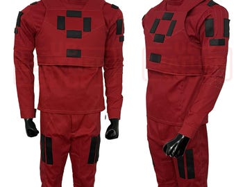 Custom Bounty Hunter Cosplay Costume – Red Flight Suit Set & Flak Vest | 3-Piece Handmade Outfit
