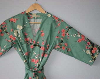 Kimono Robe. Kimono. Dressing Gown. Modern Kimono Golden Garden Teal. Knee Length.