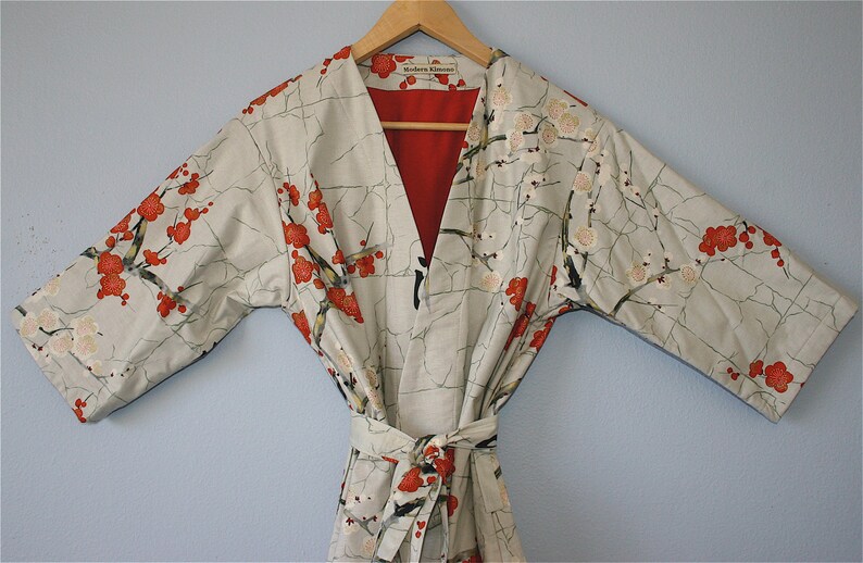 Flannel or Jersey LINED Kimono Robe Plus Size Kimono Kimono Small thru 2XL. Bathrobe Dressing Gown Modern Kimono Garden Grey