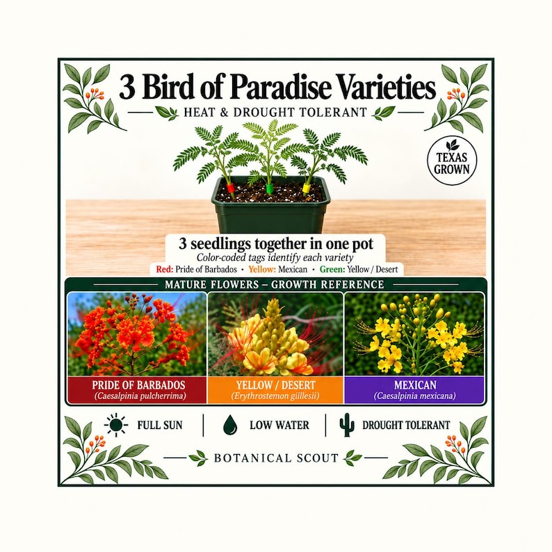 Op de afbeelding: Een vierkante zwarte pot met drie groene zaailingen voorzien van rode, groene en gele kleurgecodeerde labels. De afbeelding bevat tekst over drie soorten paradijsvogelbloemen, foto's van volwassen bloemen en iconen voor volle zon en droogte.