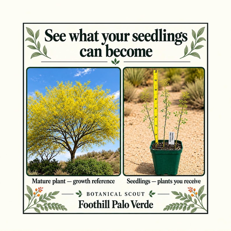 May include: A botanical information card for Foothill Palo Verde featuring the text 'See what your seedlings can become'. It shows a mature yellow-flowering tree and green seedlings in a pot next to a yellow ruler measuring 8 inches in height.