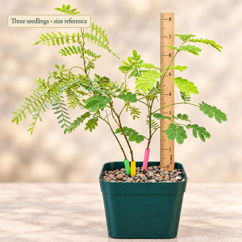 Op de afbeelding: Drie groene zaailingen met kleine samengestelde bladeren in een donkergroene vierkante pot gevuld met kiezels. Een houten liniaal staat verticaal in de pot en laat zien dat de planten ongeveer 20 cm hoog zijn. Tekst: Three seedlings &bull; size reference.