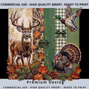 Peut inclure: Une impression d'art numérique représentant un cerf, un canard colvert en vol et une dinde. Le fond se compose de panneaux verticaux avec des motifs camouflage, verts et vichy. Des feuilles d'automne, des pommes de pin et des baies rouges décorent le bas.