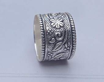 Floral Sterling Silver Band Ring, Handmade Boho Hippie Jewelry