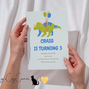 Editable Dinosaur Birthday Invitation Canva | Triceratops Party Invite | Third Birthday Printable | 5x7” Digital Download Template
