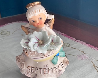 Lefton September Birth Month Angel Morning Glory #489 1960s Vintage Figurine