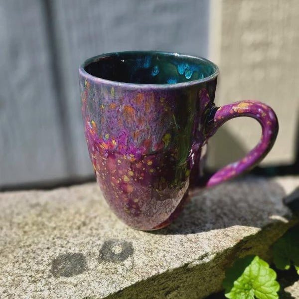 Hand Glazed Ceramic Jumbo Mug: 24 Oz Floral Fantasy Purple Pottery Soup Mug