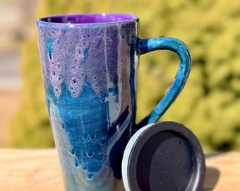Peacock Purple 16 Ounce Hand Glazed Travel Mug Gift, Birthday, Special Occasion, Large Mug