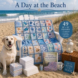 A Day at the Beach Rag Quilt Kit – Beginner Quilt Kit with Precut Fabric, Coastal Ocean Theme, Sea Turtle Quilt, No Cutting Required 56x56
