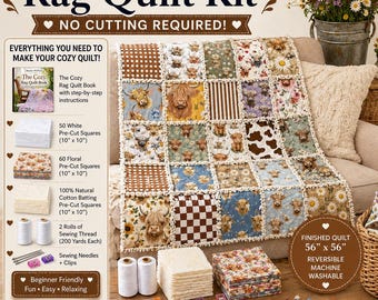 Kit de iniciación para hacer colchas de retazos con diseño de vaca de las Tierras Altas, incluye libro / Kit de tela precortada / Proyecto de costura fácil para hacer tú mismo / Kit completo para hacer colchas / Regalo acogedor hecho a mano