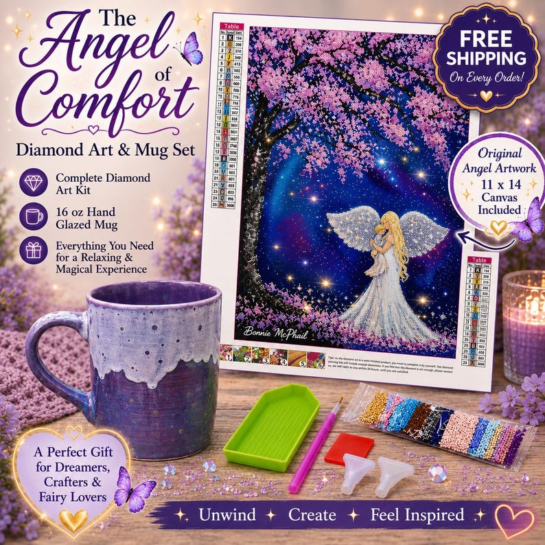 K&ouml;nnte beinhalten: Ein Diamond-Painting-Set mit dem Titel The Angel of Comfort, bestehend aus einer 28 x 36 cm gro&szlig;en Leinwand mit einer himmlischen Engelsillustration, einem 473 ml handglasierten Becher, einer gr&uuml;nen Schale, einem rosa Stift und bunten Diamantperlen.