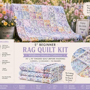Peut inclure: Un kit de courtepointe en patchwork pour débutants de 5 pouces, collection Wildflower Meadow. Le kit comprend 196 carrés de tissu prédécoupés, 196 carrés de doublure blancs, 196 carrés de ouatine, une bobine de fil et des instructions pour 177,8 cm.