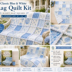 Puede incluir: Kit de edredón de trapo clásico azul y blanco con 50 cuadrados precortados de 25,4 x 25,4 cm. Tamaño final: 142 x 142 cm. El kit incluye un libro, hilo coordinado y está hecho de 100% algodón. La colcha tiene un estilo acogedor y hecho a mano.