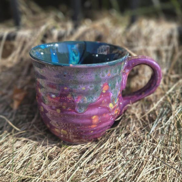 Hand Glazed Floral Mug: Peacock Purple, 20 Oz Ceramic Soup Mug