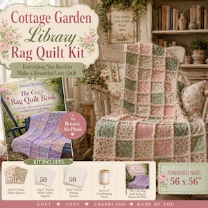 May include: A Cottage Garden Library Rag Quilt Kit for making a cosy quilt. The kit includes precut fabric squares, batting squares, coordinating thread, and a book. The finished quilt size is 142 x 142 cm.