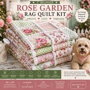 Può includere: Un kit per trapunta patchwork Rose Garden per principianti con quadrati di tessuto pretagliati da 13 cm con motivi floreali e a quadretti. Il kit include 196 quadrati per una trapunta di 178 cm per 178 cm. Testo: No Cutting Required.