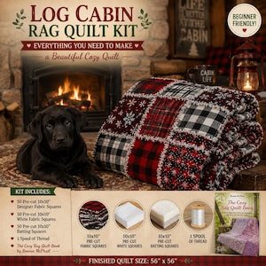 May include: Log Cabin Rag Quilt Kit to make a cosy quilt. Includes pre-cut fabric squares, batting squares, thread, and a book. The finished quilt size is 142 cm x 142 cm. A black lab puppy is in the foreground. The quilt has red, black, and white squares.