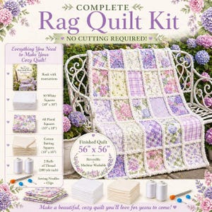 Op de afbeelding: Complete rag quilt kit om een gezellige quilt te maken. De kit bevat een boek met instructies, witte en bloemen vierkanten (25,4 cm x 25,4 cm), katoenen batting vierkanten (25,4 cm x 25,4 cm), draad en naalden. De afgewerkte quilt is 142 cm x 142 cm.