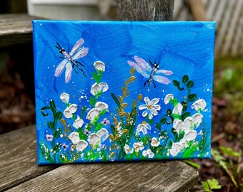 Original Dragonfly Painting: Textured Acrylic Palette Knife Art