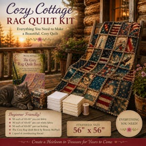 May include: Cozy Cottage Rag Quilt Kit with a finished size of 56" x 56". Includes pre-cut fabric, batting, a book, and thread. The quilt features a patriotic design with stars and stripes. A gray cat sits near the kit on a wooden porch.